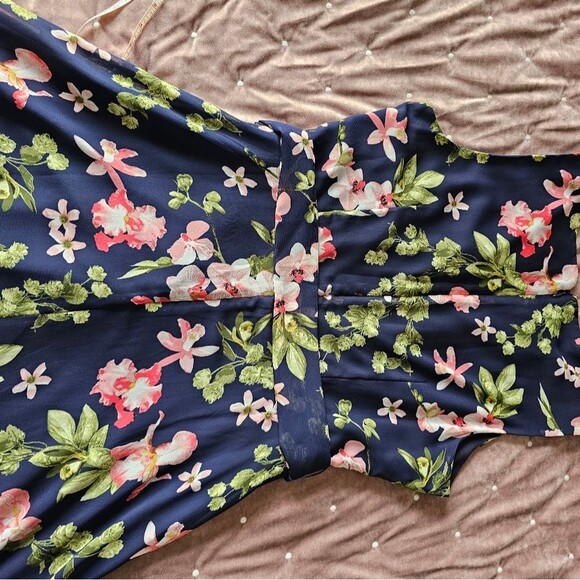 JH Jessica Howard Navy Floral Sleeveless Fit & Flare Pleated Neckline Fully Line - Picture 3 of 10